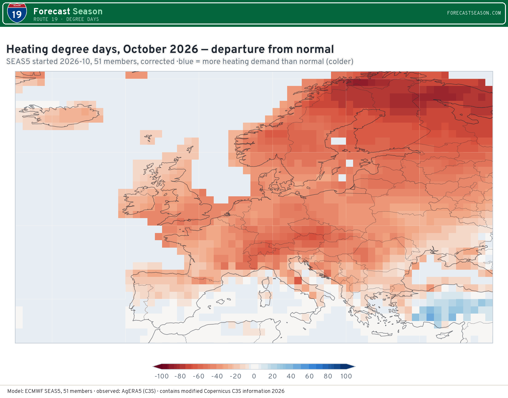 Heating degree days, October 2026, Europe, departure from normal