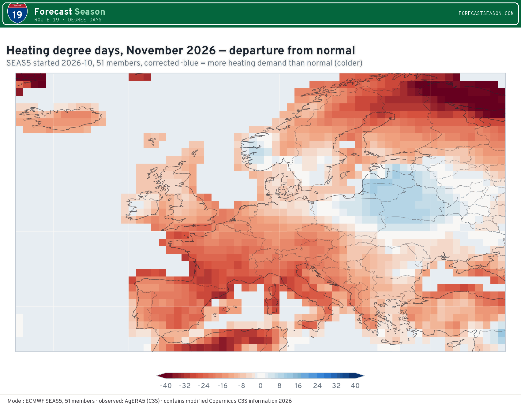 Heating degree days, November 2026, Europe, departure from normal