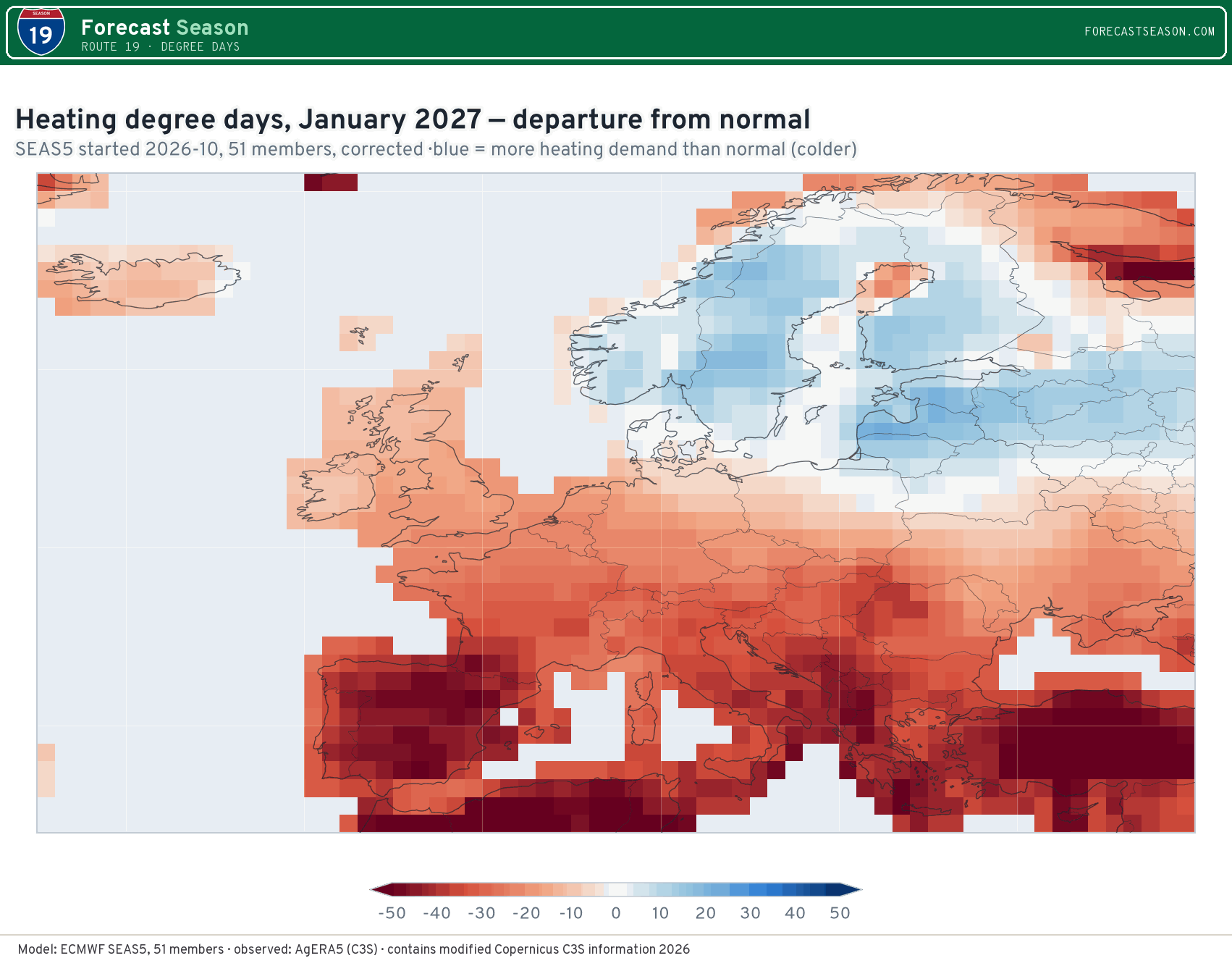 Heating degree days, January 2027, Europe, departure from normal