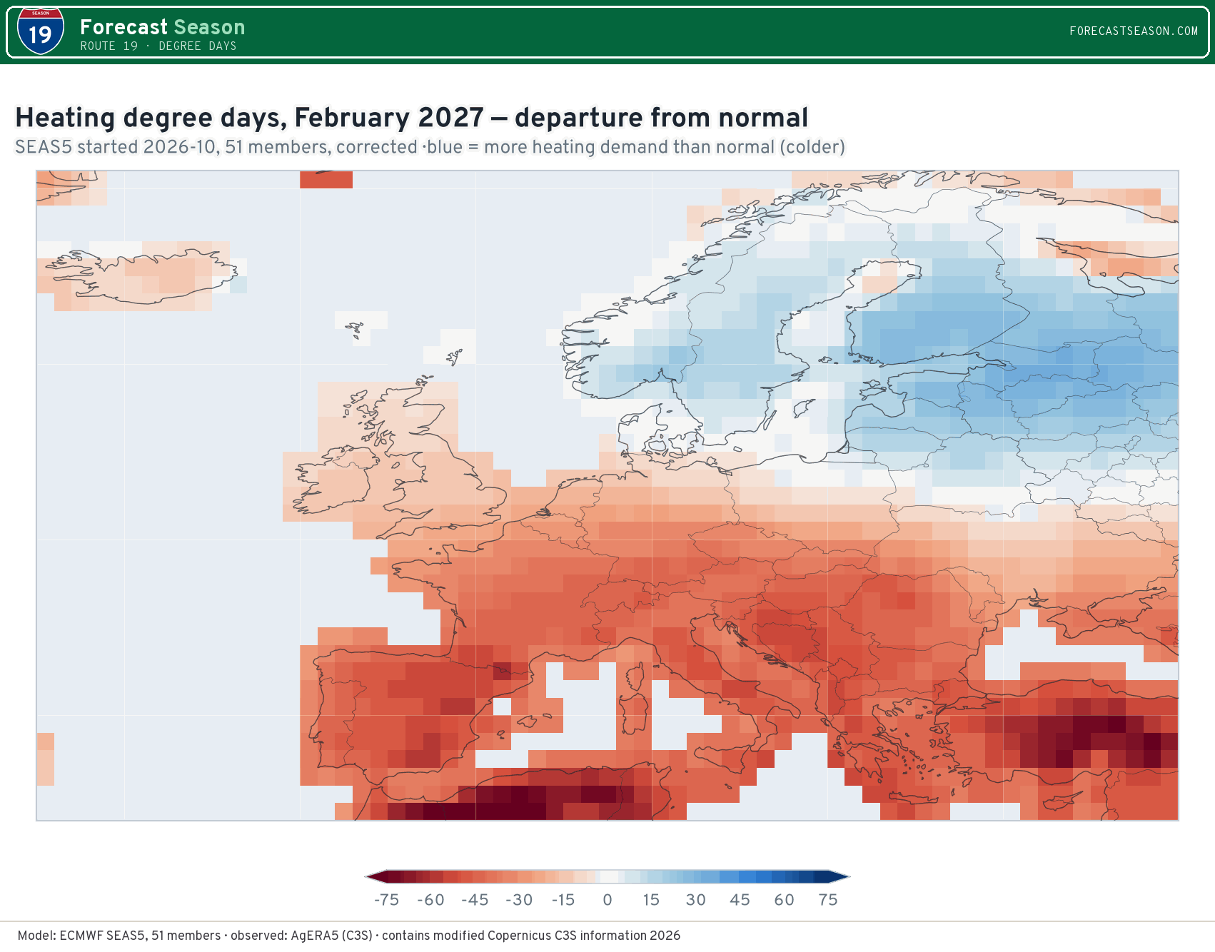 Heating degree days, February 2027, Europe, departure from normal