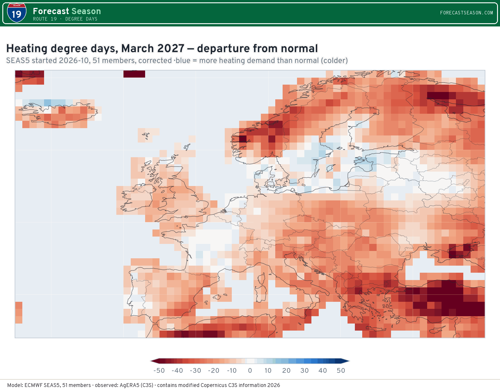 Heating degree days, March 2027, Europe, departure from normal