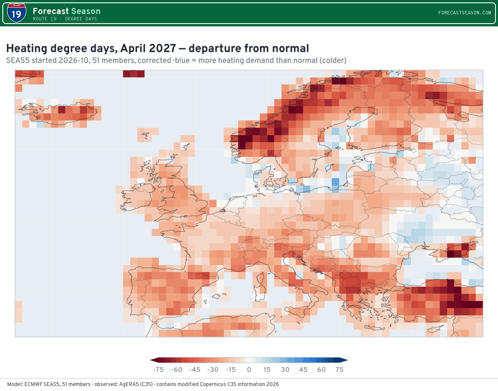 Heating degree days, April 2027, Europe, departure from normal