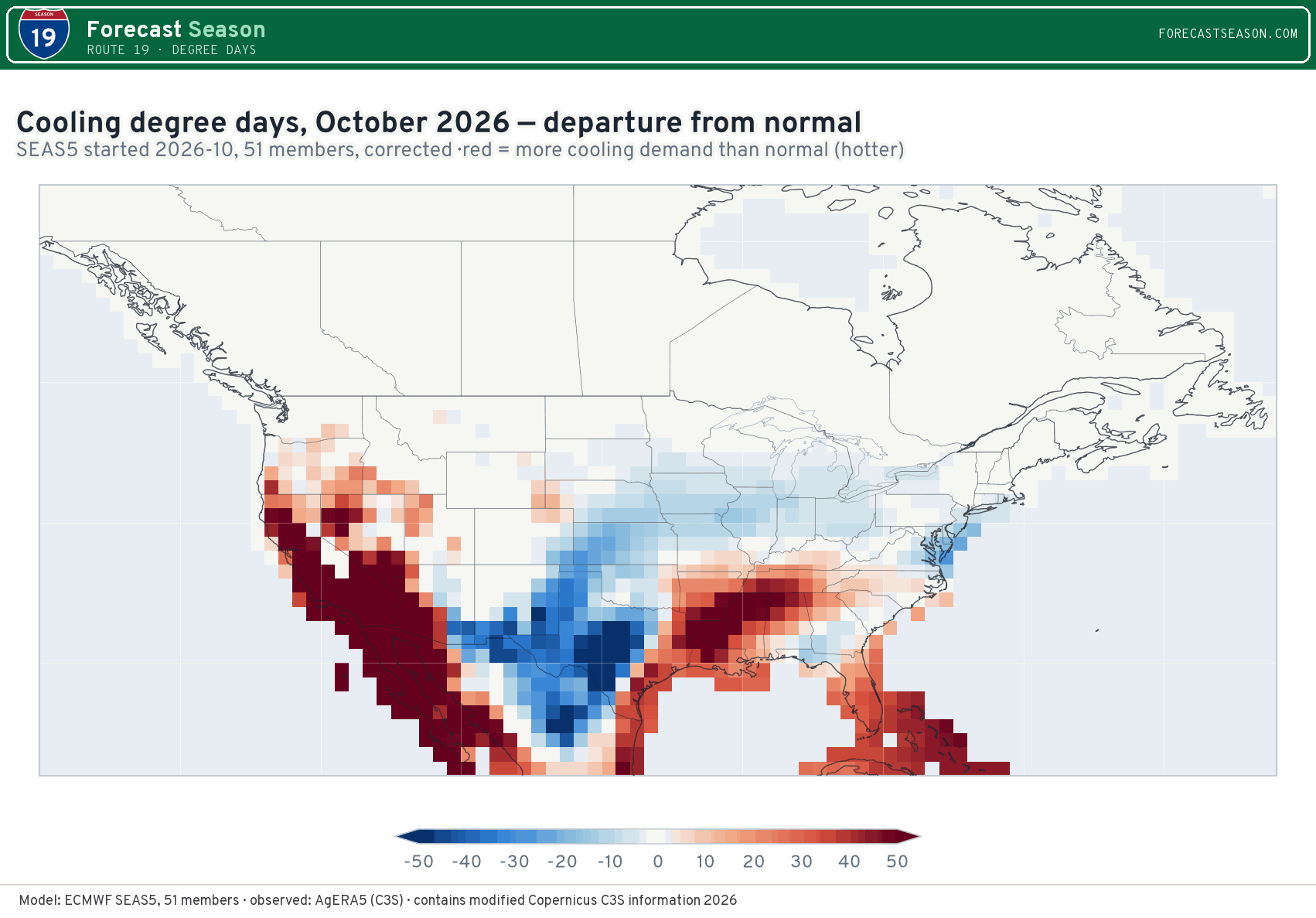 Cooling degree days, October 2026, North America, departure from normal