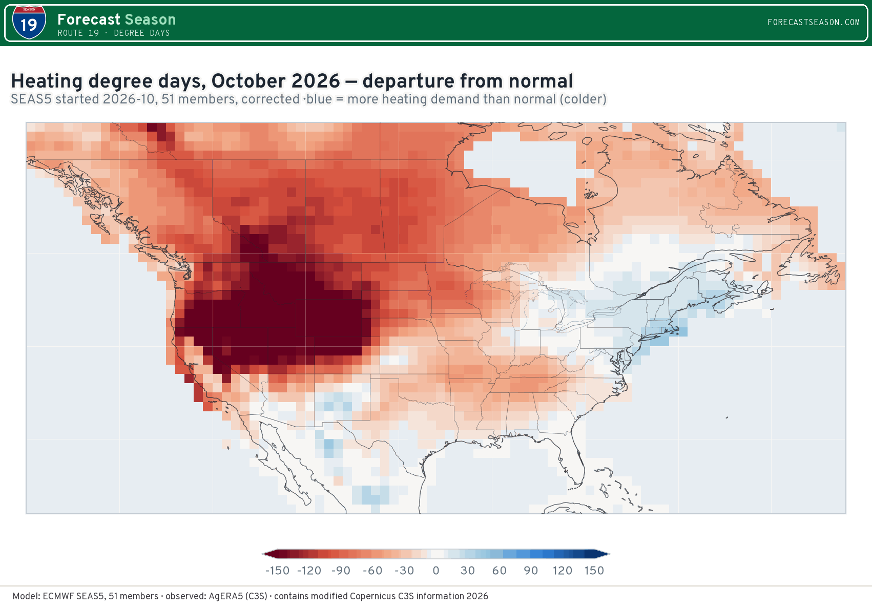 Heating degree days, October 2026, North America, departure from normal