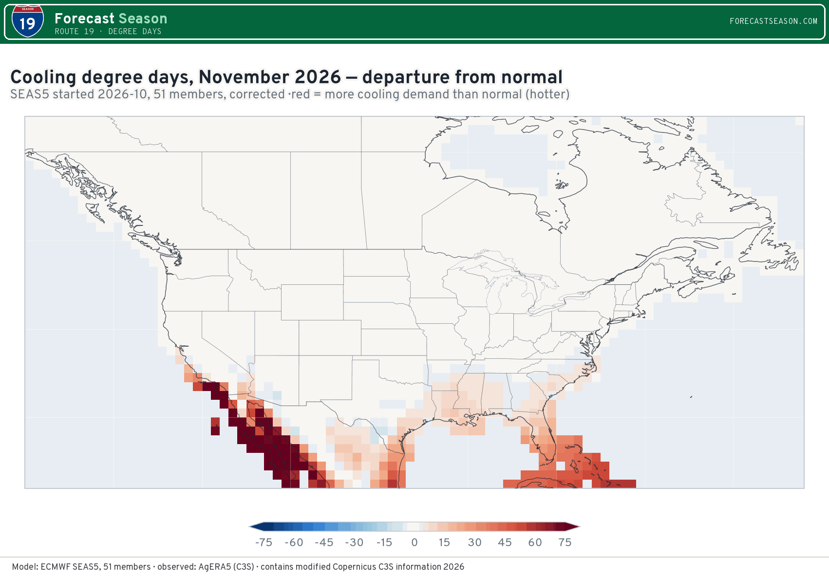 Cooling degree days, November 2026, North America, departure from normal