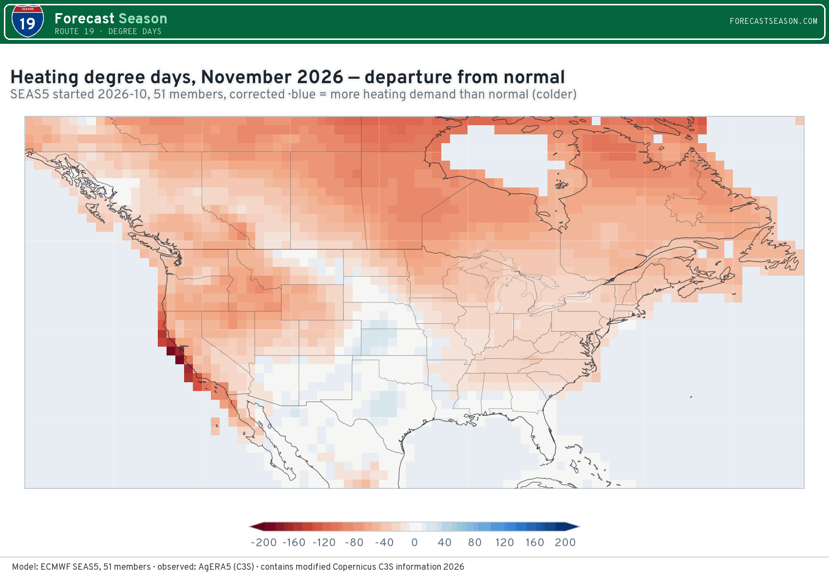 Heating degree days, November 2026, North America, departure from normal