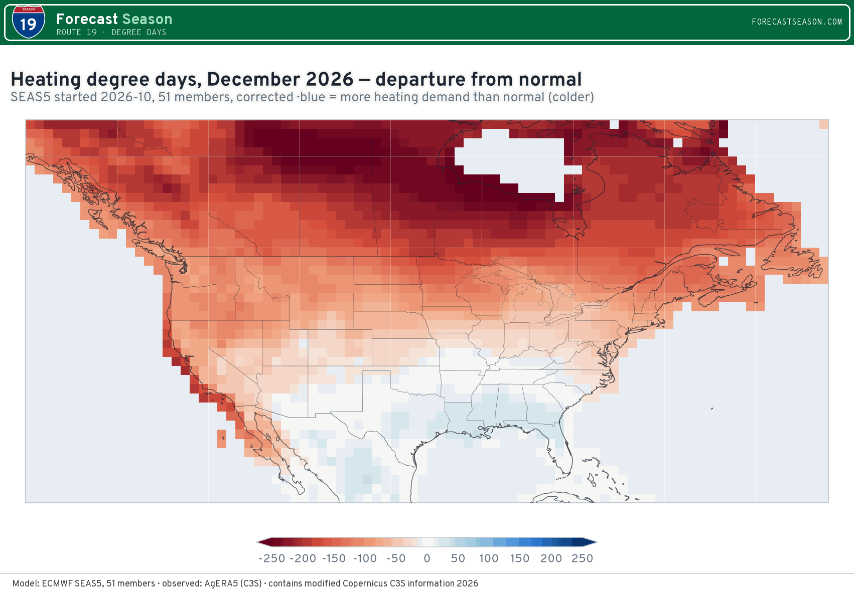 Heating degree days, December 2026, North America, departure from normal