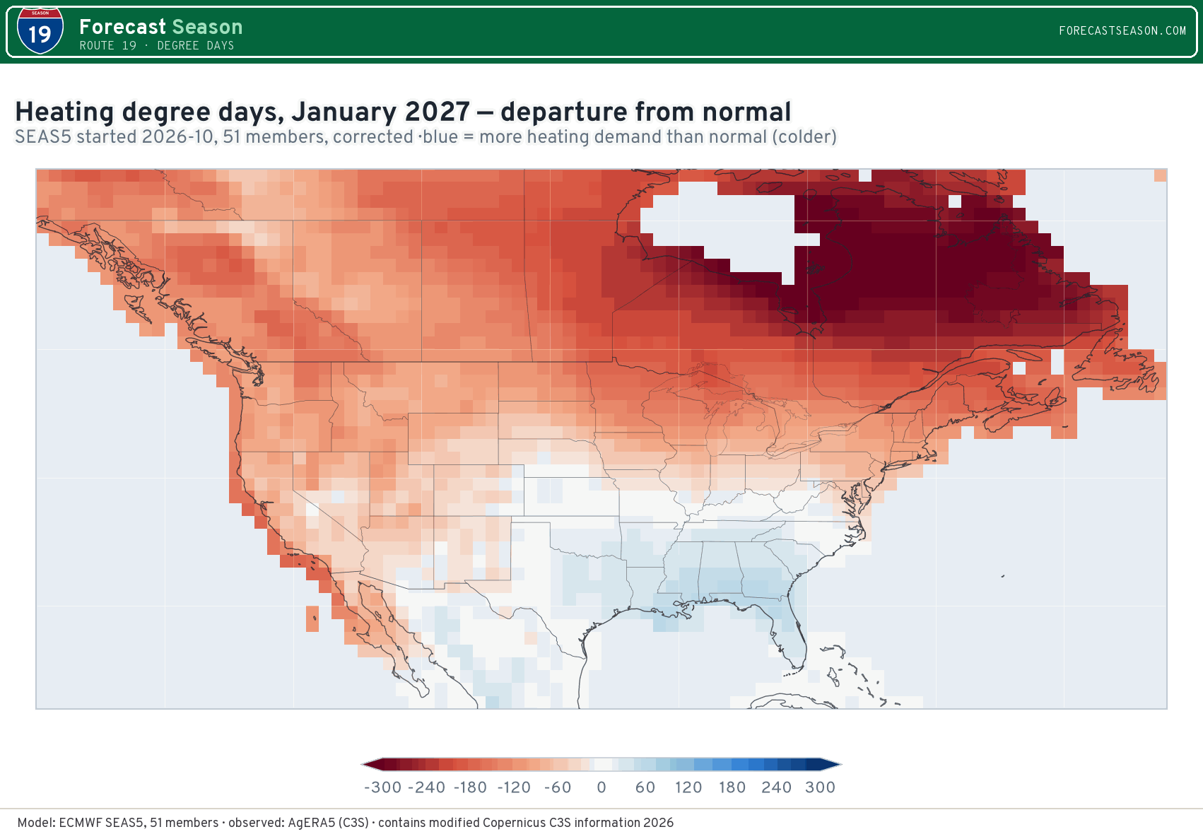 Heating degree days, January 2027, North America, departure from normal