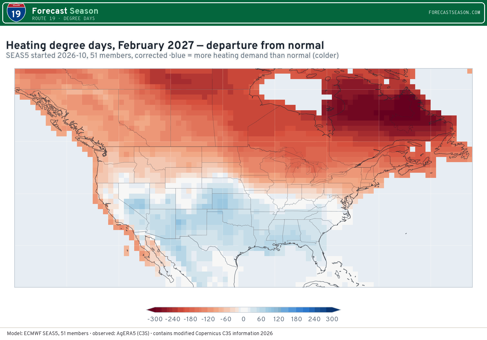 Heating degree days, February 2027, North America, departure from normal