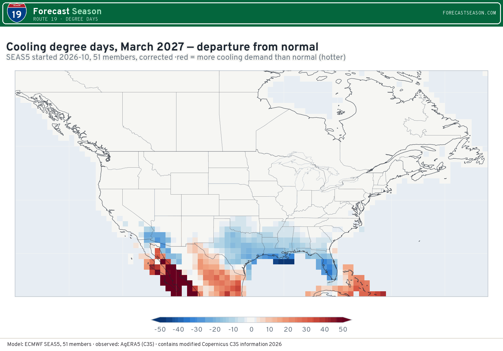 Cooling degree days, March 2027, North America, departure from normal