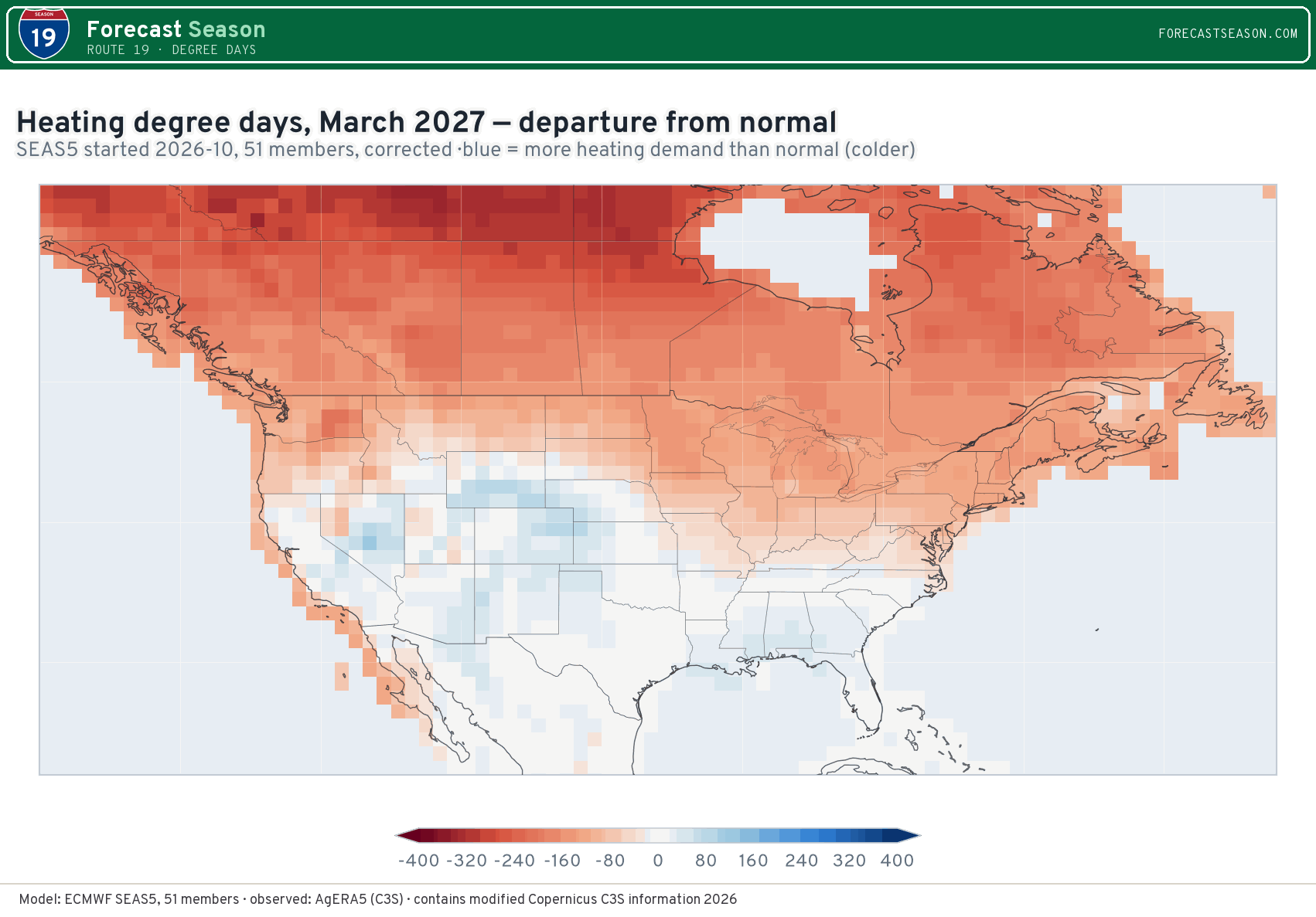 Heating degree days, March 2027, North America, departure from normal