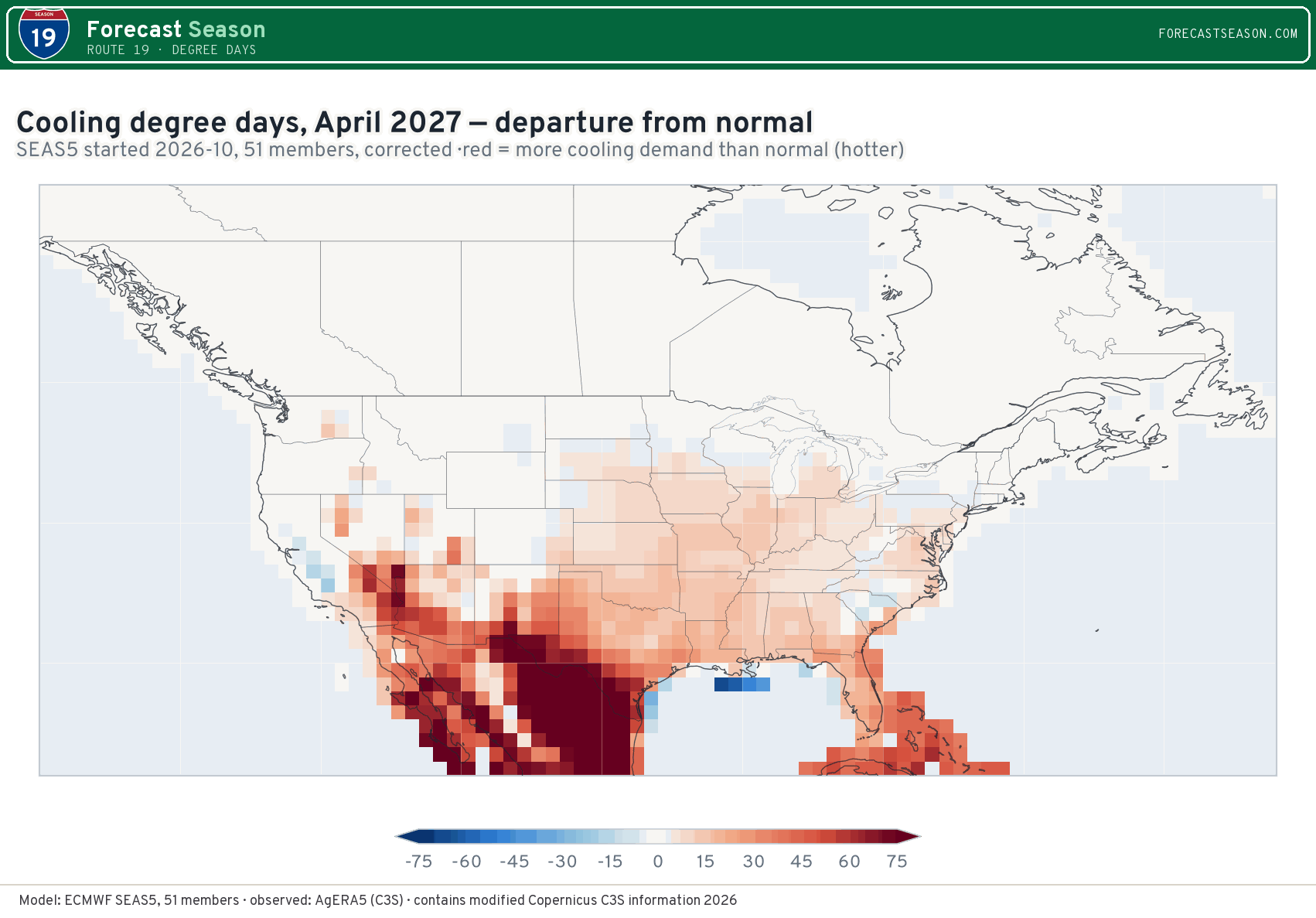 Cooling degree days, April 2027, North America, departure from normal
