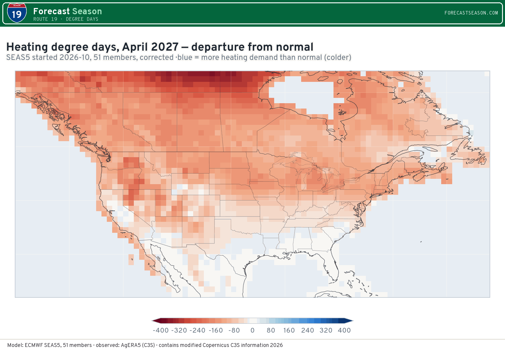 Heating degree days, April 2027, North America, departure from normal